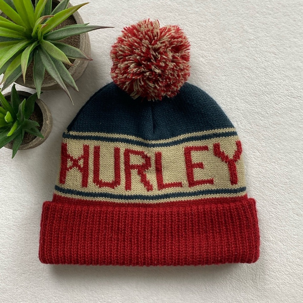 Hurley Striped Color Block Acrylic Knit Cuff Pom Beanie (Red/Blue/Cream)
